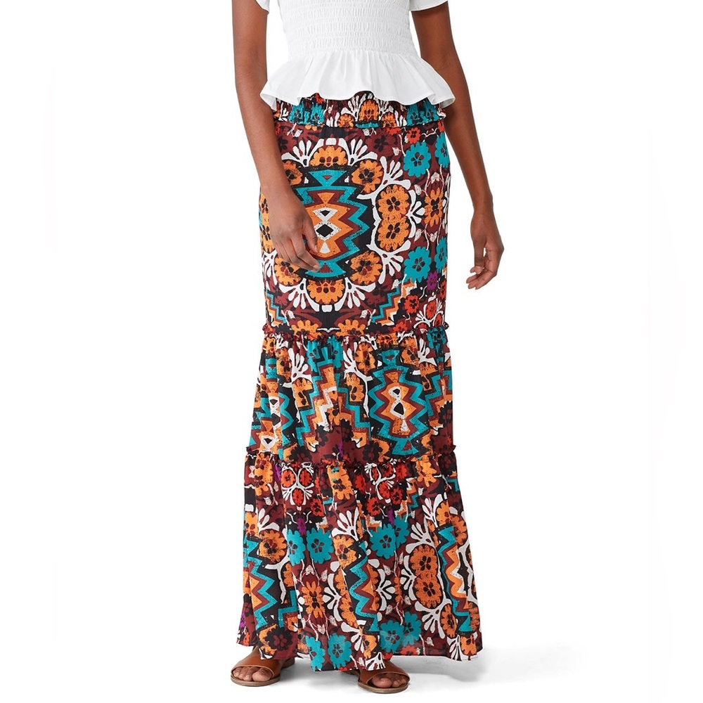 Josie Size Large Multi Orange Red Teal Paradise Printed Bohemian Maxi Skirt geo